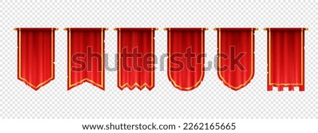 Blank vertical medieval flag mockup game design. Isolated 3d red hanging pennon on transparent background. Royal or knight vintage pennant with golden border, ragged or tattered edge, various shapes Royalty-Free Stock Photo #2262165665