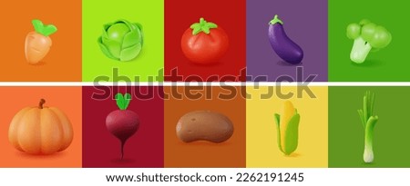 3d Different Vegetables Set Plasticine Cartoon Style Include of Tomato, Carrot, Eggplant and Cabbage. Vector illustration Royalty-Free Stock Photo #2262191245