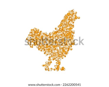 A figure of a chicken made with corn kernels on a white isolated background. Livestock feeds concept. Royalty-Free Stock Photo #2262200541