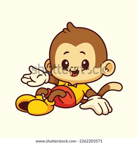 Cuite monkey welcoming character cartoon logo hand drawn art illustration