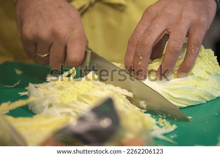 Chef slicing a big cabbage