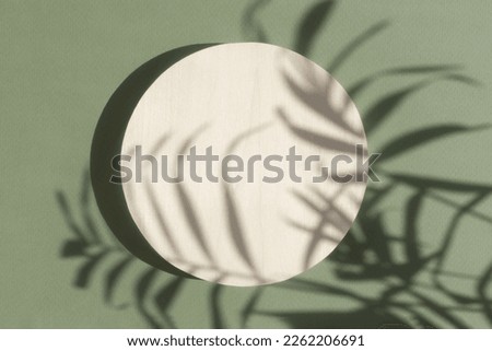 Abstract minimal scene of a geometrical form. A cylindrical wooden podium on a green background with a shadow of tropical palm leaves. Empty scene to show cosmetic podructs. Showcase, display case Royalty-Free Stock Photo #2262206691