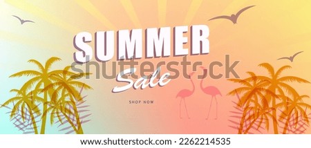 Summer sale banner background with palm tree. For web site, banner, flyer and placard template. Trendy summer backdrop for ad, label, cover, promotion materials and print. Summer sale concept, vector Royalty-Free Stock Photo #2262214535