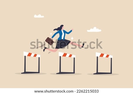 Overcome obstacle or challenge, success journey or aspirations, determination, progress or effort to overcome difficulty concept, confidence businesswoman entrepreneur jumping over series of hurdles. Royalty-Free Stock Photo #2262215033