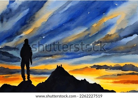 Silhouette of a man on top of the mountain in beautiful sunset landscape. Watercolor, hand drawing. Good for background, wallpaper, and print. Motivational vector design.