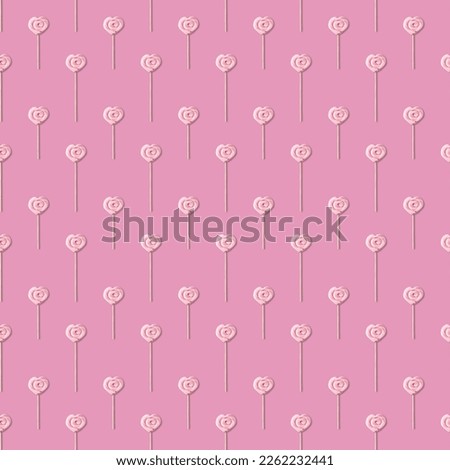 Seamless pattern with pink lollipop in the form of a heart on a stick on a pastel pink background. 