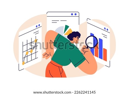 Business data research, analysis concept. Person with magnifying glass analyzing finance and marketing report, financial documents with charts. Flat vector illustration isolated on white background Royalty-Free Stock Photo #2262241145