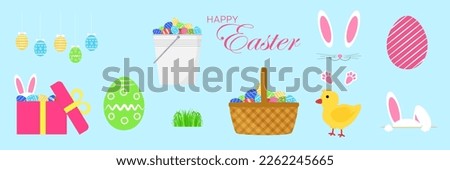 Easter clip art. Set of symbols of Easter. Eggs, bunny, chick, spring. Vector illustration.