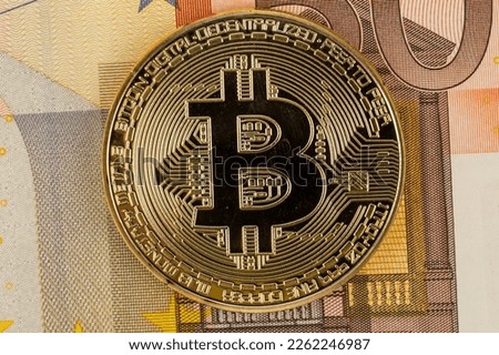 Golden bitcoin Euro background. Bitcoin cryptocurrency coin