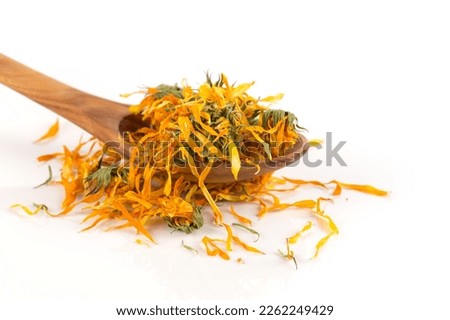 Calendula flowewr tea for infusion in wooden spoon on white background