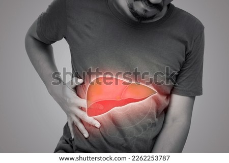 The illustration of liver is on the man's body against gray background. A men with hepatitis and fatty liver problem. Royalty-Free Stock Photo #2262253787