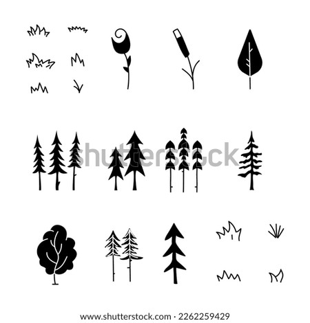 Simple silhouette tree icons collection. Line art trees. Stock vector linear nature symbols set.