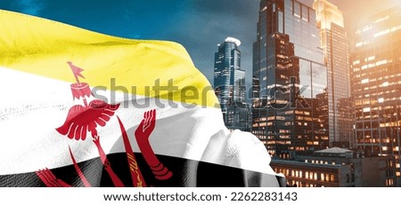 Brunei national flag cloth fabric waving on beautiful buildings background.
