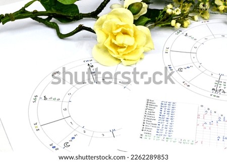 Close up of printed astrology birth chart, table of aspects and white flowers, workplace of astrology, spiritual, The callings, hobbies and passion, blueprints and life mapping.