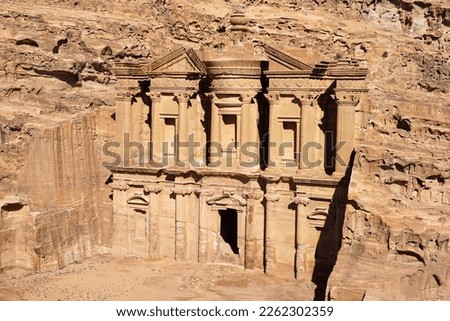 Ad Deir Monastery aerial view, famous carved temple in Petra historic city, Jordan