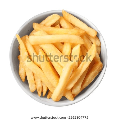 Bowl with tasty French fries on white background, top view Royalty-Free Stock Photo #2262304775