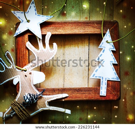 Merry Christmas Card with christmas deer/christmas decorations over grunge background