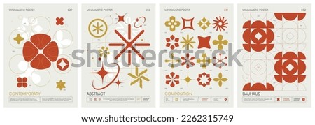 Brutalist style vector minimalistic Posters with silhouette basic figures, extraordinary graphic elements of geometrical shapes composition, Modern color print artwork, set 8