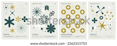 Brutalist style vector minimalistic Posters with silhouette basic figures, extraordinary graphic elements of geometrical shapes composition, Modern color print artwork, set 7
