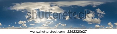 Blue sky panorama with puffy Cumulus clouds. Seamless hdr pano in spherical equirectangular format. Sky dome or zenith for 3D visualization, game and sky replacement for aerial drone 360 panoramas. Royalty-Free Stock Photo #2262320627