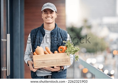 Happy grocery delivery, courier and man with retail sales product, food shopping or door shipping container. Logistics supply chain, health nutritionist portrait and distribution person with package