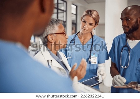 Group of doctors, planning management in hospital and workflow of medical student with training manager on tablet. Nurses, professional healthcare people and technology for surgery problem solving