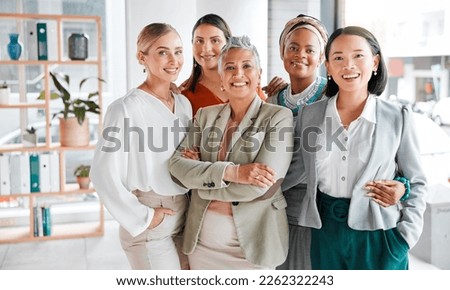 Diversity, portrait and business women with support, teamwork and group empowerment in office leadership. Career love and hug of asian, black woman and senior people or employees smile for solidarity Royalty-Free Stock Photo #2262322243