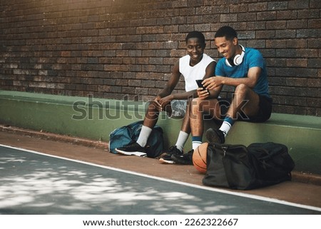 Smartphone, basketball and black people friends with chat mobile app, 5g social networking or training results update on internet. Relax, sports and athlete men using phone for social media community