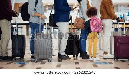 Airport queue, travel and people legs for international vacation, holiday or immigration with suitcase and kid. Line or group of women, men and child with luggage waiting for global flight schedule Royalty-Free Stock Photo #2262323243