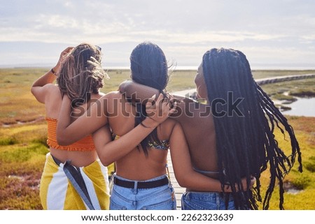 Back, friends and women on countryside vacation and bonding on weekend break, sisterhood and relax together. Females, girls and hug on holiday, journey and adventure for peace, loving or quality time Royalty-Free Stock Photo #2262323639