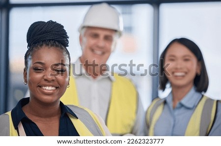 Engineering, diversity and portrait of a industrial team working on a construction project. Collaboration, multiracial and group of industry workers doing maintenance or repairs at an indoor site. Royalty-Free Stock Photo #2262323777