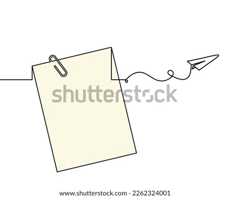 Abstract color paper with paper clip and paper plane as line drawing on white as background