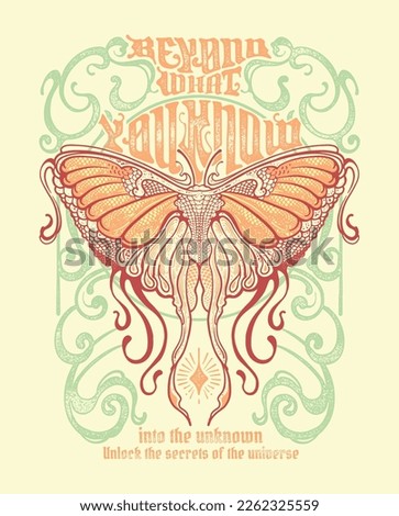 a vintage inspired design in Art Nouveau poster style  with a butterfly and frame illustration to showcase the slogan Beyond What You Know into the unknown