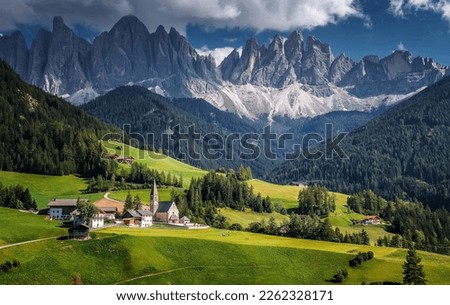 Incredible sunny landscape of Dolomites Alps. Popular view on world famous autumn alpine view in Dolomites alps. SANTA MADDALENA, ITALY. Iconic location for landscape photographers Royalty-Free Stock Photo #2262328171