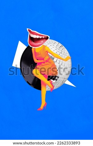 Vertical collage image of overjoyed mini person dancing big smiling mouth instead head vinyl record disco ball isolated on blue background Royalty-Free Stock Photo #2262333893
