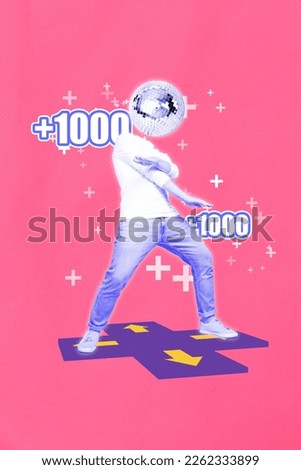 Vertical collage picture of overjoyed person disco ball instead head dance machine game bonus score isolated on drawing pink background