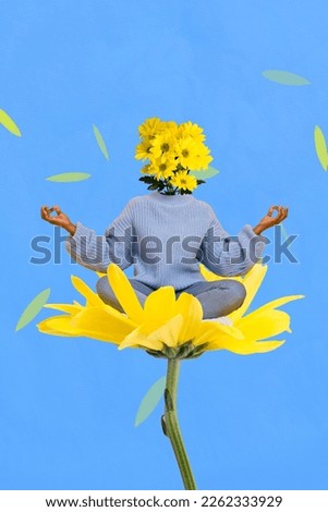 Vertical collage portrait of mini girl bouquet instead head meditate sitting huge flower isolated on creative background Royalty-Free Stock Photo #2262333929