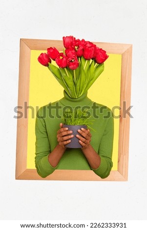 Vertical collage illustration of person inside wooden photo frame fresh tulip flowers instead head arms hold plant pot