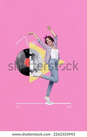 Vertical collage image of excited positive girl dancing vinyl record disco ball play music button isolated on drawing pink background