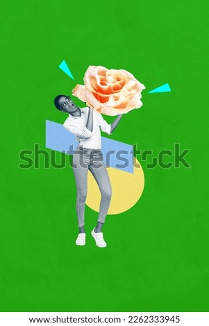 Vertical collage artwork of excited astonished black white colors person arms hold huge rose flower isolated on green background