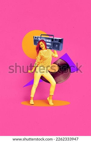 Vertical collage picture of overjoyed carefree girl carry boombox dancing big vinyl record isolated on pink background Royalty-Free Stock Photo #2262333947