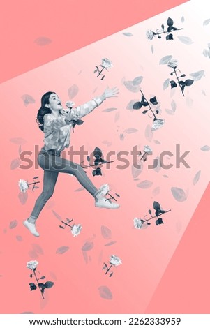 Vertical collage image of positive impressed funky girl black white colors jump fly arms catch rose flowers isolated on creative background