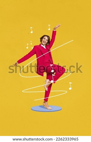 Vertical collage picture of overjoyed satisfied girl enjoy music dancing drawing melody symbols isolated on yellow background