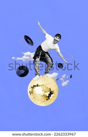 Artwork magazine collage picture of carefree funny guy standing big disco ball isolated drawing background