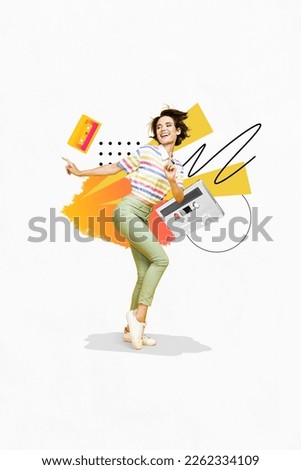 Exclusive magazine picture sketch collage image of smiling excited lady dancing having fun retro party isolated painting background Royalty-Free Stock Photo #2262334109