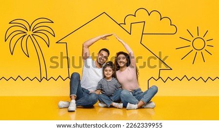 Family Insurance. Happy arab parents making symbolic roof of hands above little daughter, middle eastern mom and dad sitting together with child on floor over yellow with house doodles background