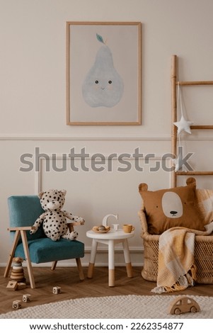 Cozy kids room interior with mock up poster frame, plush toys, brown pillow, blue armchair, round stool, ladder with star ornament, beige wall with stucco and personal accessories. Home decor Template