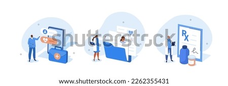 Medicine illustration set. Doctors using online healthcare services to read patients medical history and anamnesis for diagnosis. Electronic health record concept. Vector illustration.