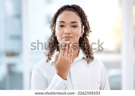Portrait, deaf and black woman in office with thank you, hand and gesture on blurred mockup background. Face, cochlear implant and disability by girl employee sign language, symbol or communication