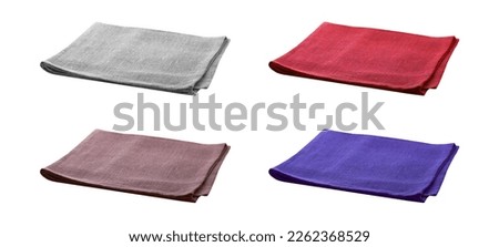 Set of colourful canvas napkins isolated on white background, perspective, mockup